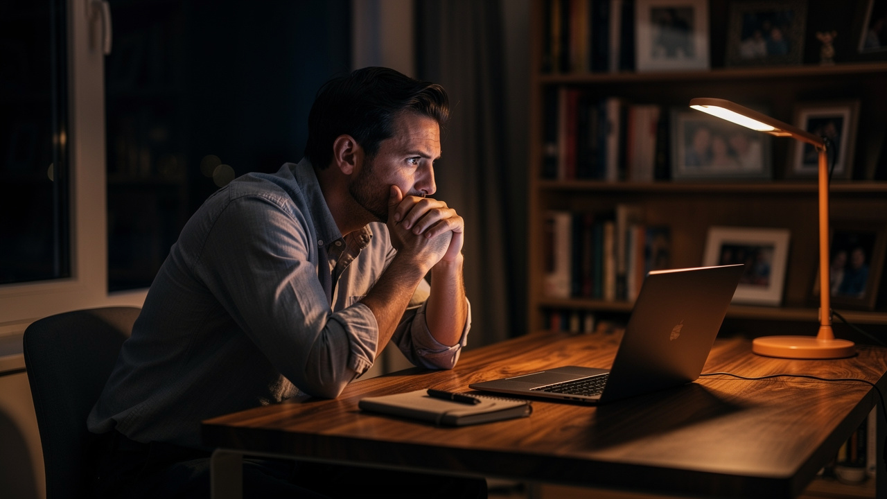 Entrepreneur reflecting alone at night in home office