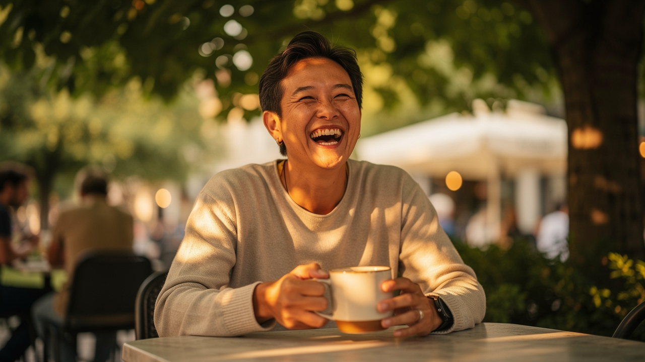 Person laughing authentically outdoors showing genuine confidence
