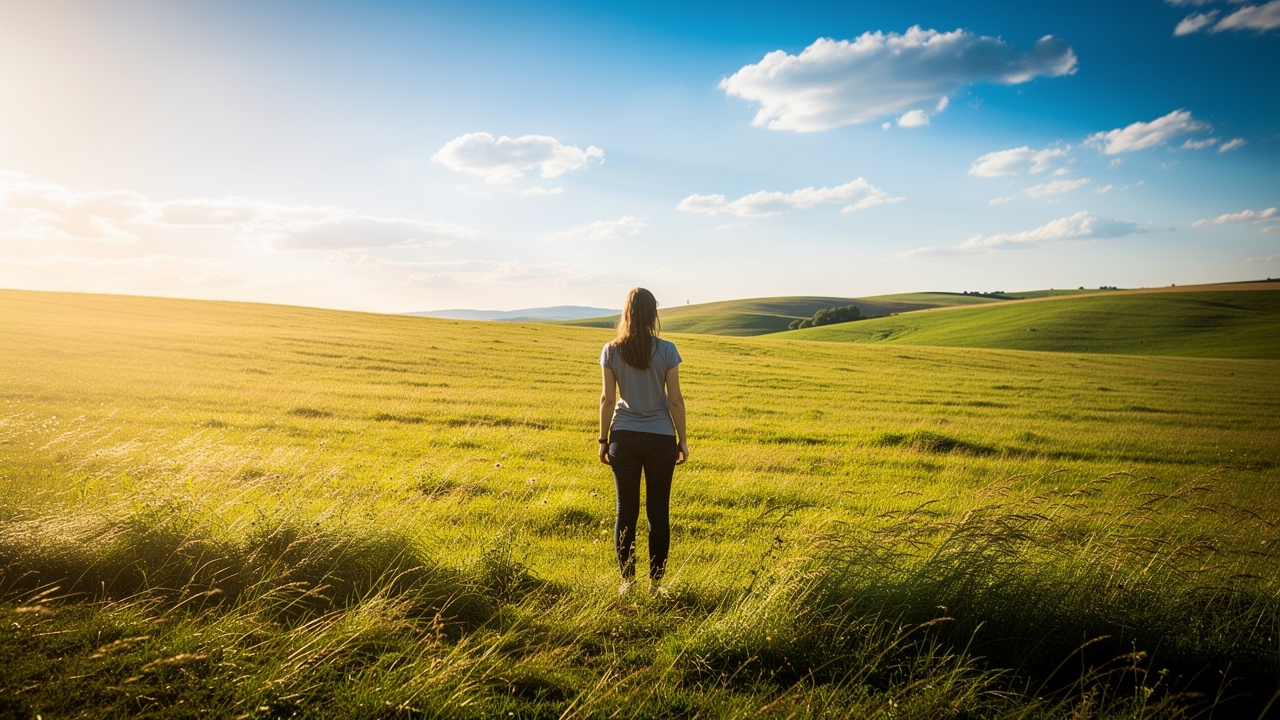 Person standing in open field facing horizon with confidence